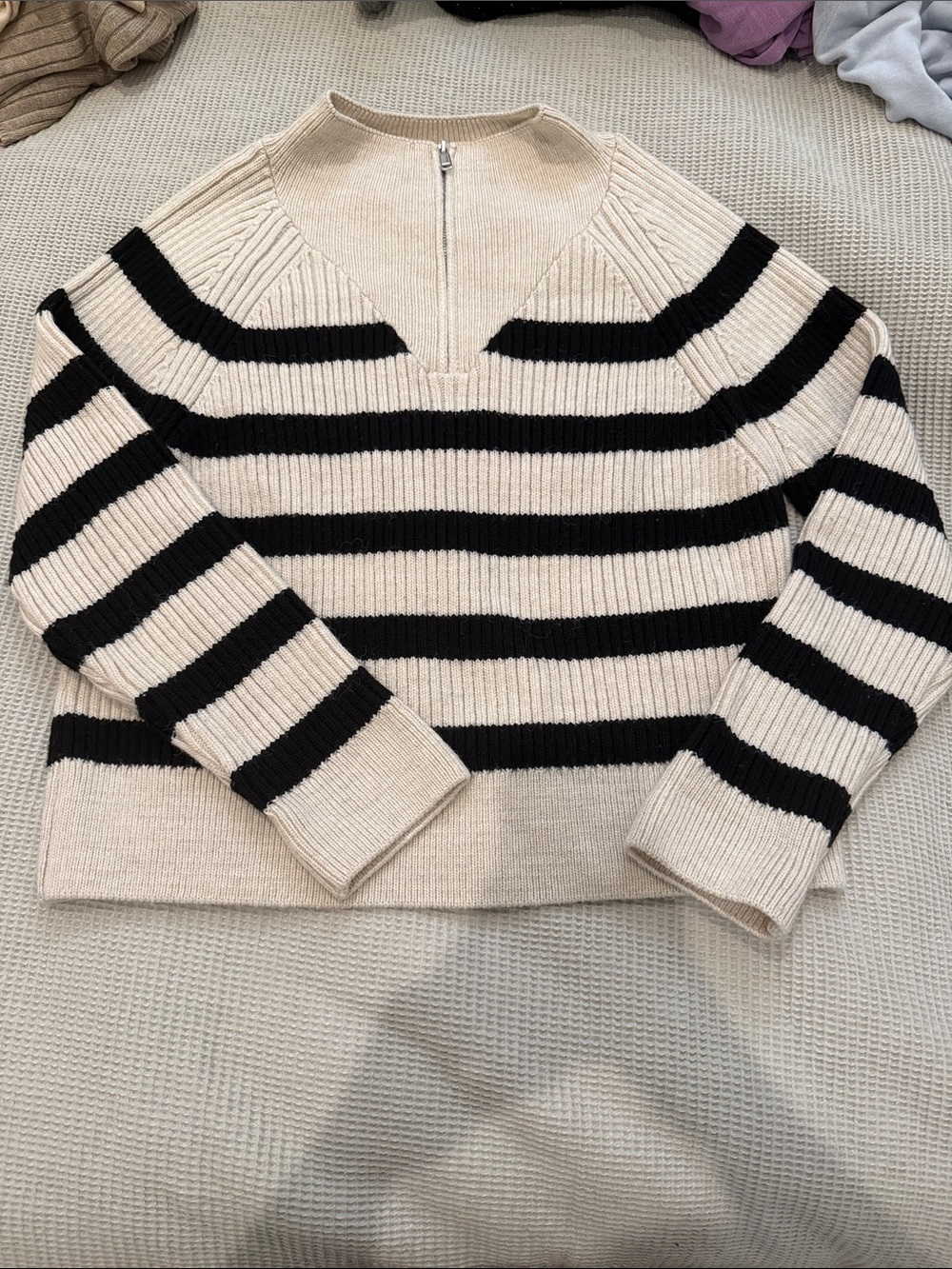 Zara Cream and Black Striped Half-Zip Sweater - Women